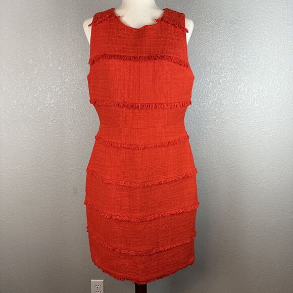 J Crew Womens Fringy Tweed Sleeveless Sheath Dress Size 12 Orange Red Cotton - Picture 1 of 7